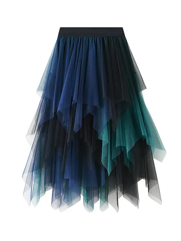 Urban Green Blue Contrast Color Irregular A-Line Gauze Skirts