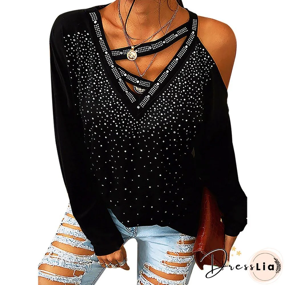 Elegant Sexy V Neck Tops For Women Solid Off Shoulder T-Shirts Long Sleeve Irregular Bling Bling Shirt Hollow Female Streetwear