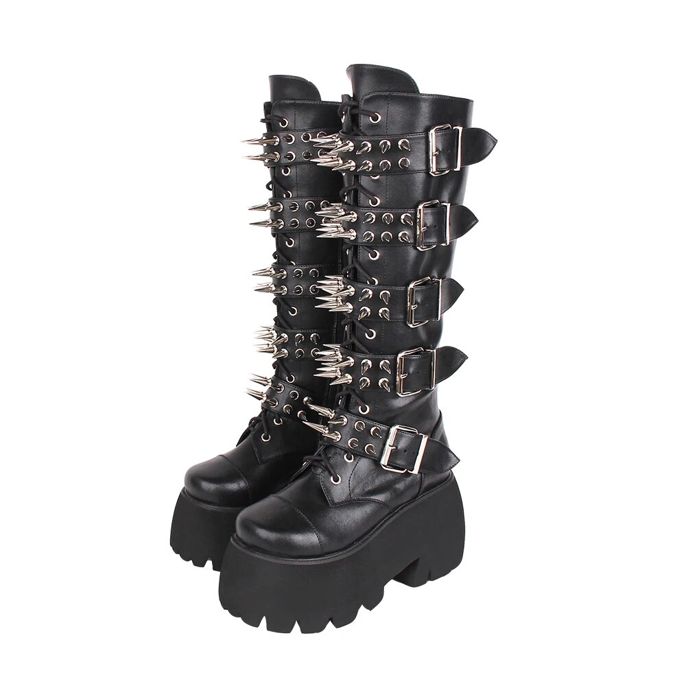 VCshoes Women Motorcycle Cool Punk Boots Lady Street Dark Style Shoes Woman Gothic High Heels Wedges Pumps Rivets Round Toe 41