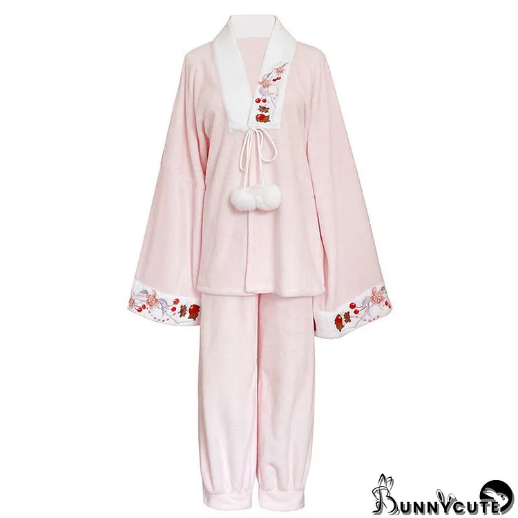 Cartonn Squirrel Floral Embroidery V-neck Plush Hanfu Pajamas Set