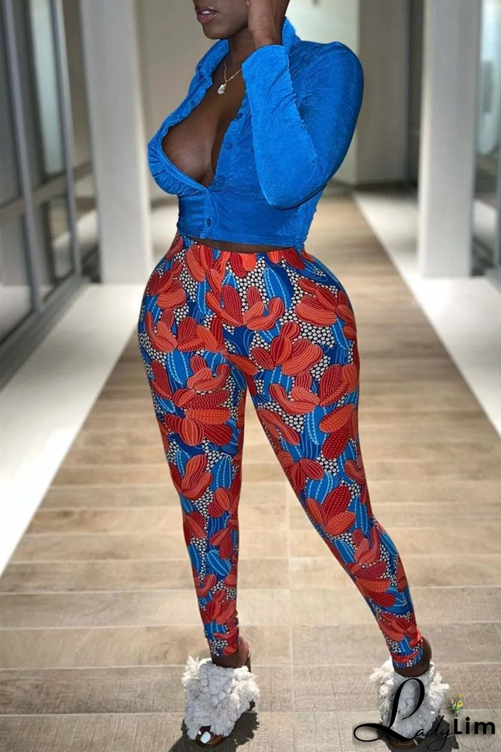 Yellow Fashion Casual Print Basic Skinny High Waist Pencil Trousers