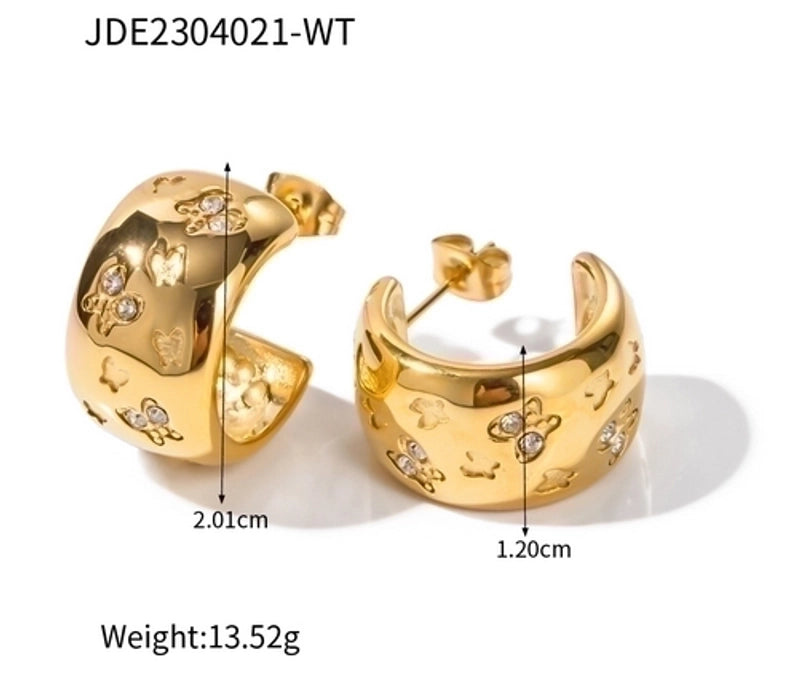 IG Style Butterfly 304 Stainless Steel Rhinestones 18K Gold Plated Inlay Earrings Necklace