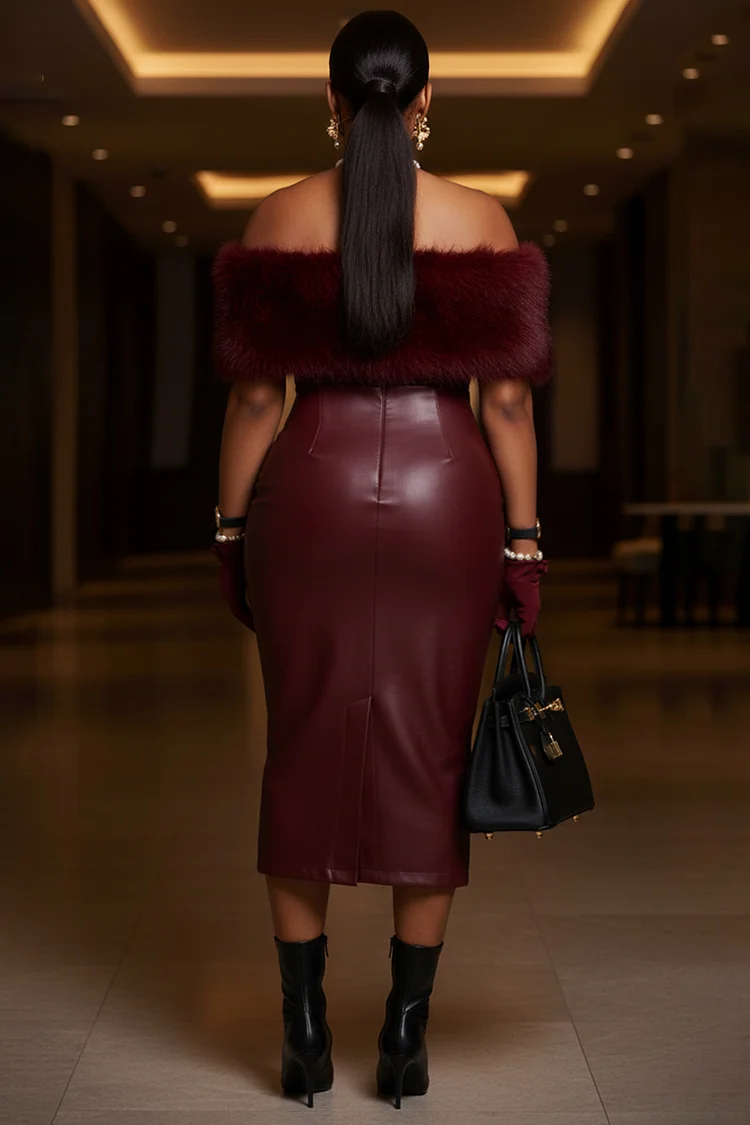 Off Shoulder Fuzzy Bandeau PU Leather Party Midi Dresses-Burgundy [Pre Order]