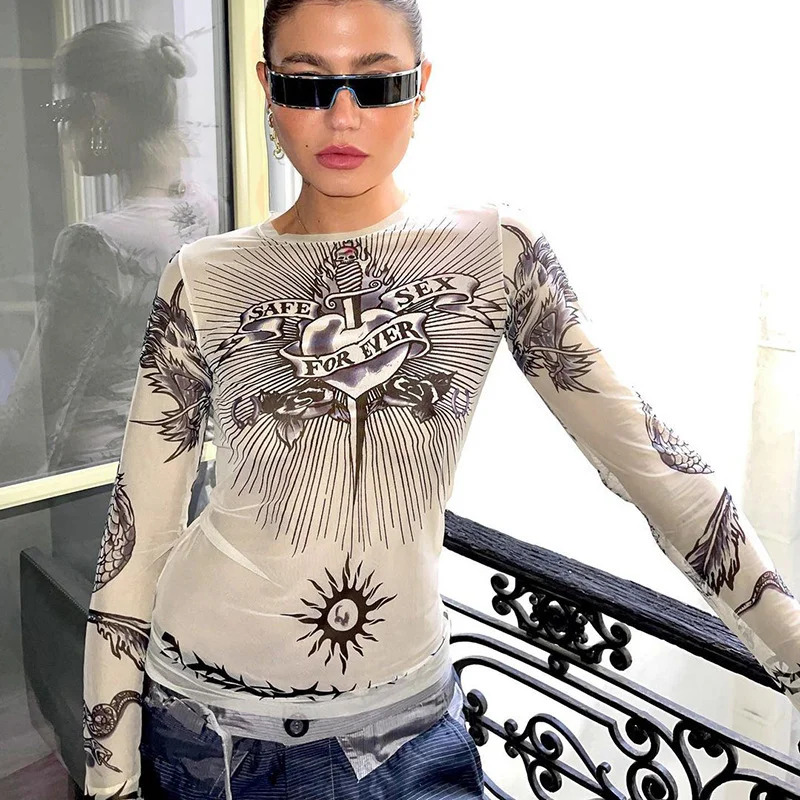 Brownm 2024 Autumn New Round-Neck Long-Sleeved Head Print Micro-Permeable Casual Women's Top