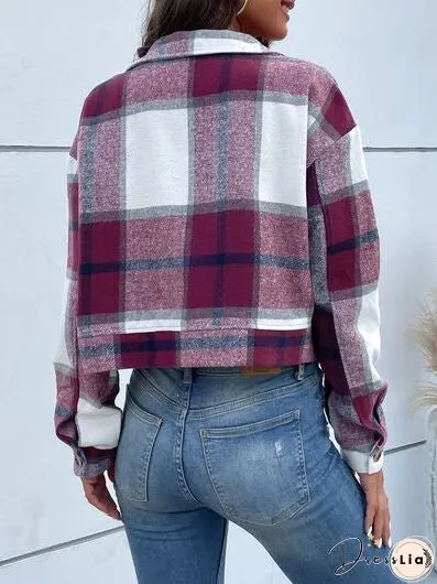 Plaid Button Up Drop Shoulder Cropped Jacket