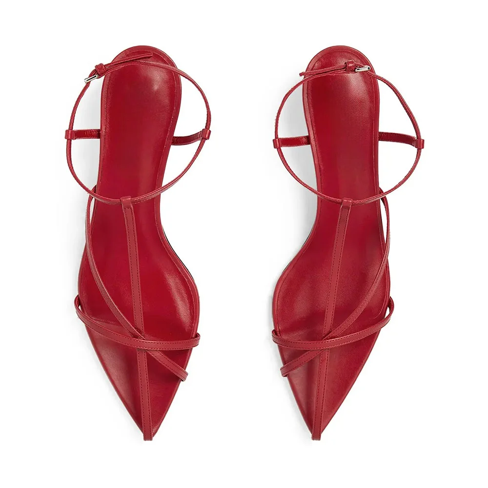 Red Vegan Leather T-Strap Open Toe Simple Women's Heel Sandals