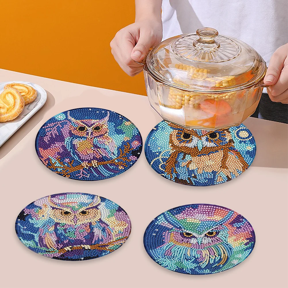 4pcs DIY Owl Wooden Diamond Painted Placemats for Dining Table Decor(15*15cm)