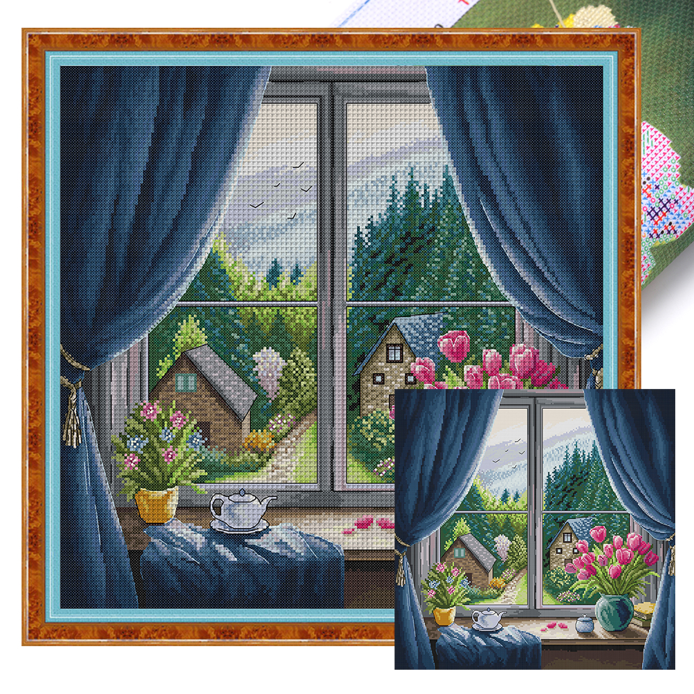 Tulip Windowsill Full 14CT Pre-stamped Canvas(45*45cm) Cross Stitch(backstitch)