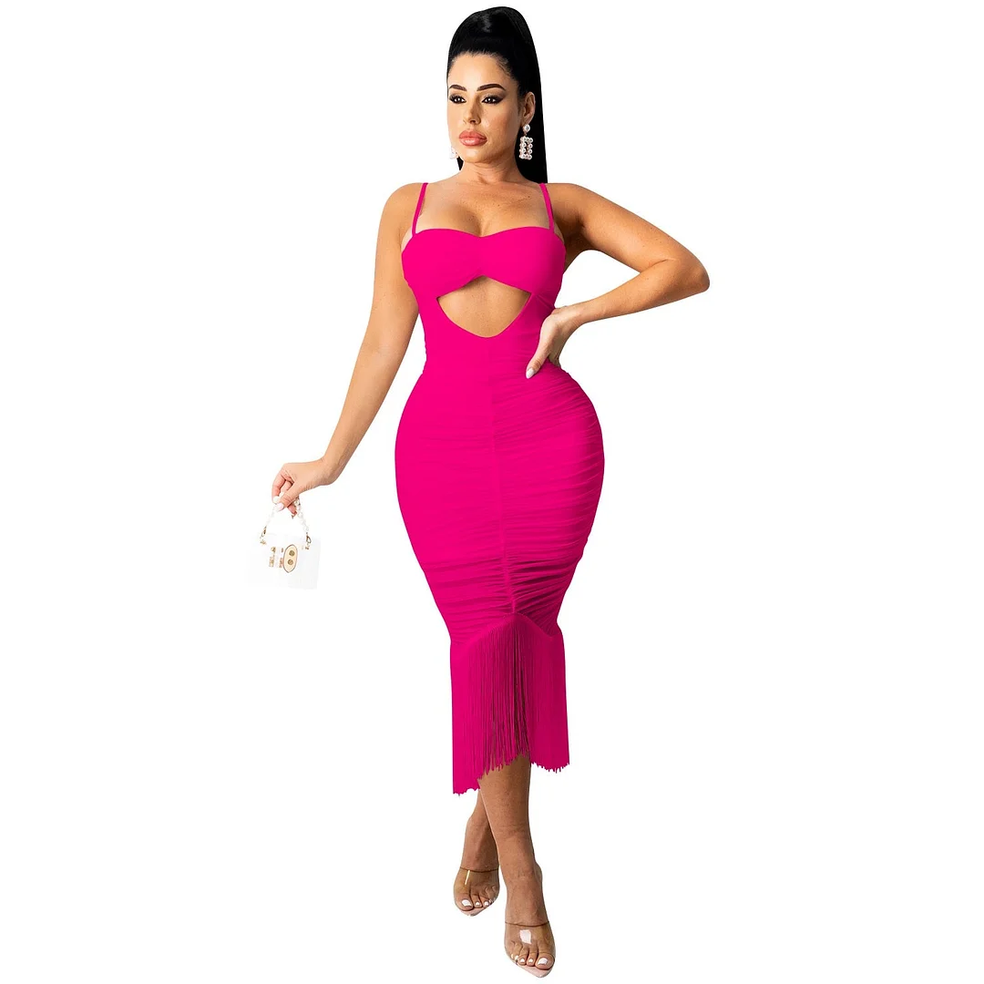 CM.YAYA Women Midi Dress Solid Sleeveless Strap Slash Neck Cut Out Tassel Stretchy Dresses Sexy Fashion Outfits Summer 2021