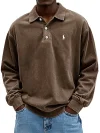 Men's Retro Washed Distressed Cotton Lapel Long Sleeve Polo Shirt