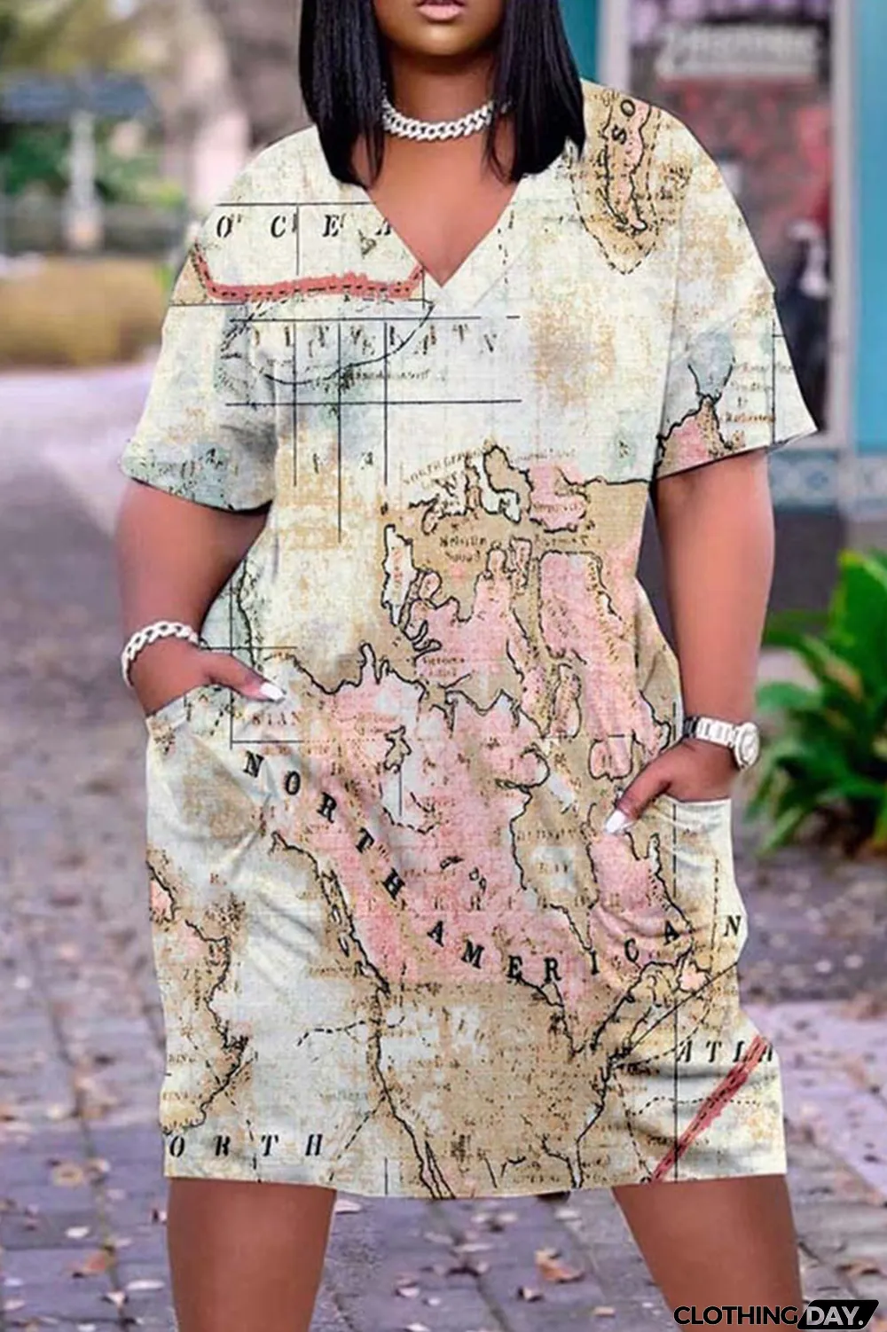 Khaki Casual Print Split Joint V Neck Straight Dresses