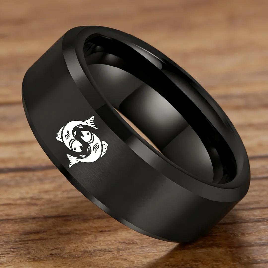 Mens Womens Black Pisces Tungsten Carbide Bands Black Edges and Laser Etched Wedding Rings Comfort Fit 4MM 6MM 8MM Width