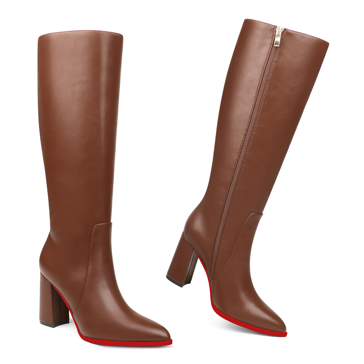 95mm Women's  Knee Boots Leather Red Bottom Chunky High Heels Boots-MERUMOTE