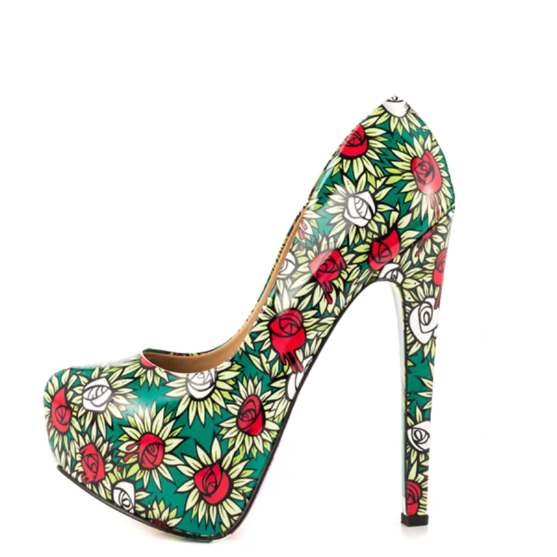 TAAFO Alice In Wonderland Floral Heels Platform Pumps For Halloween Floral Print Women Dress Party Shoes 