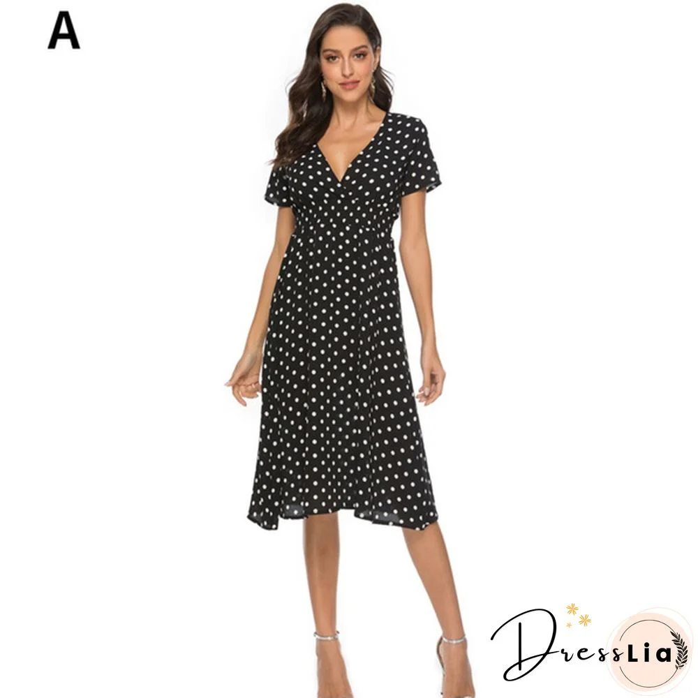 Women's Fashion Bohemian Skirt Chiffon Summer Print V-Neck Short-Sleeved Floral Dress