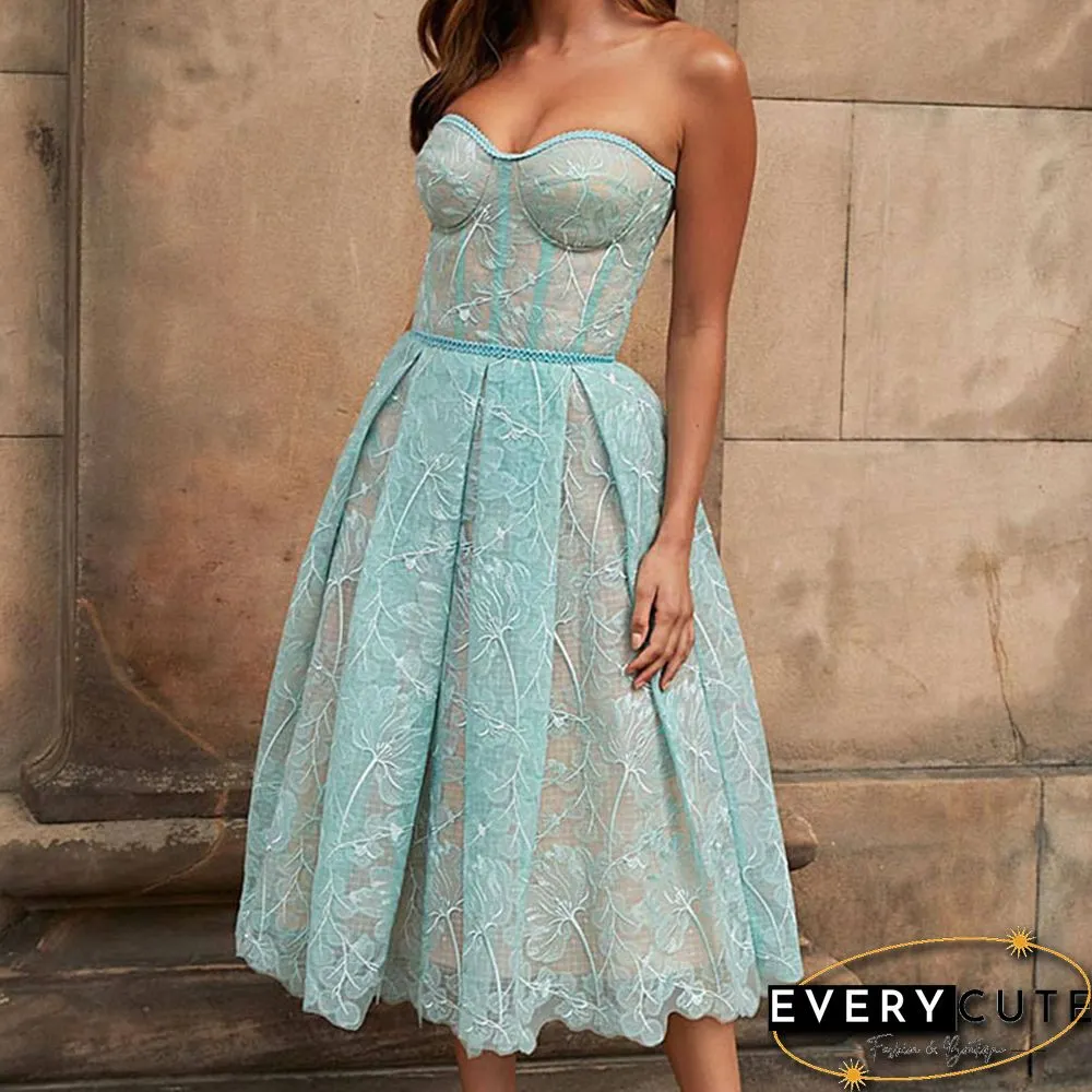 Elegant floral embroidery lace solid long dress women sexy off shoulder strapless waist