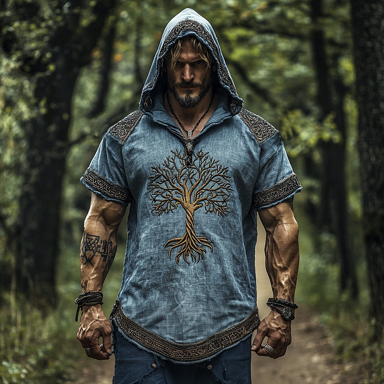 VChics Men's Vintage Viking Tree Of Life Hooded T-shirt