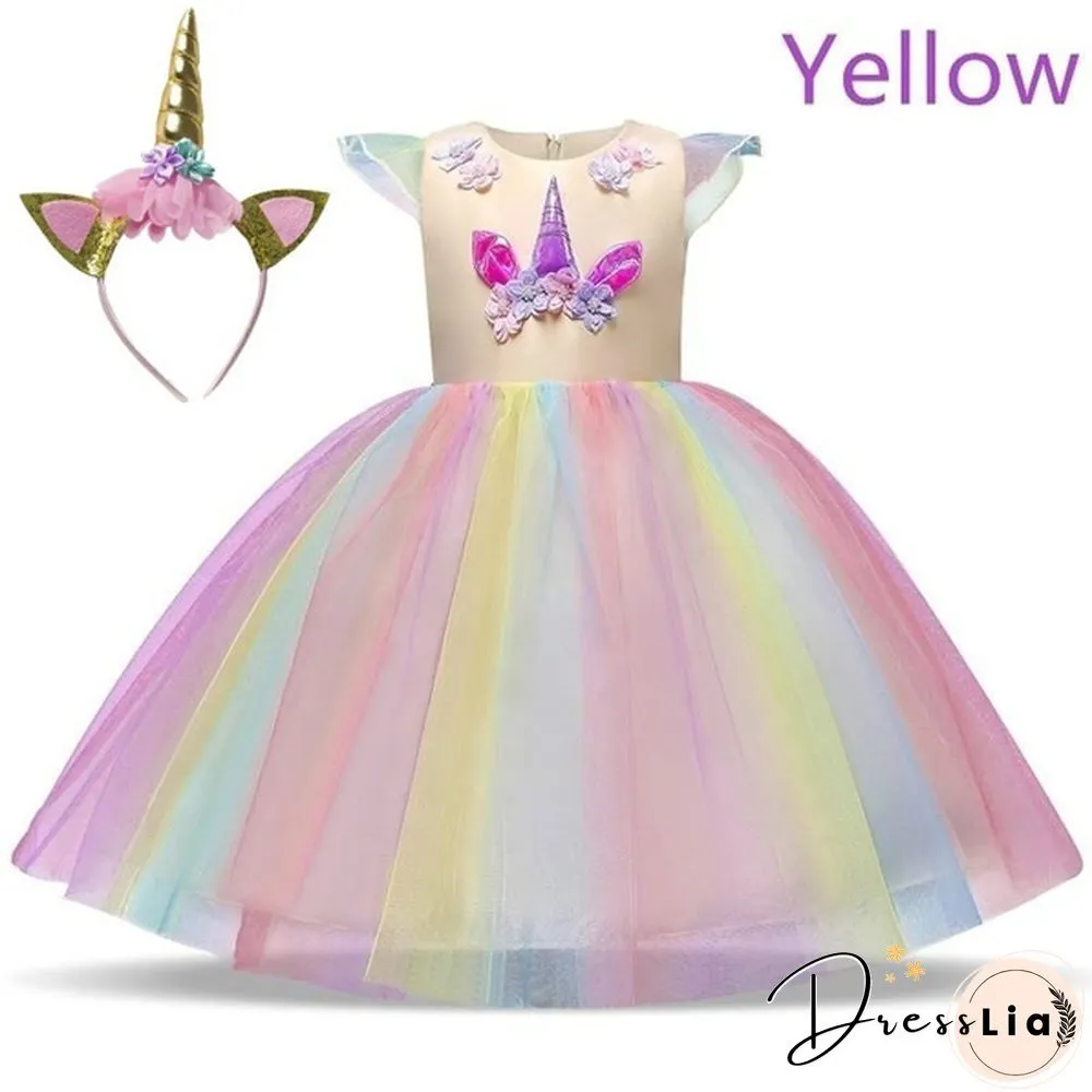 Summer Kids Girl Layered Tulle Unicorn Outfits Dress Headband for Carnival Halloween
