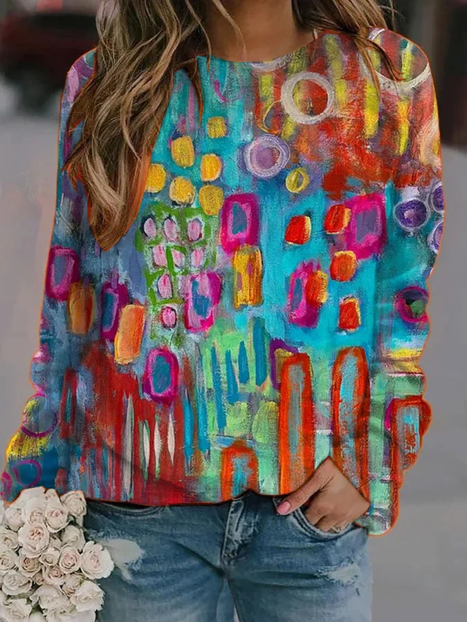 Retro colorful geometric print casual long-sleeved sweater