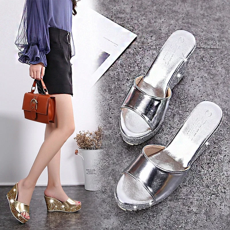 2021 Summer New Platform Wedge Sandals For Women's With Sequins  Fish Mouth Word slippers