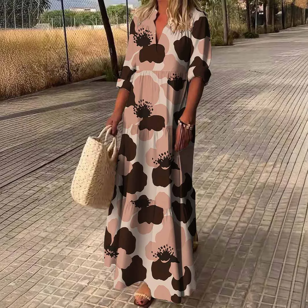 Women Animal, Pink, Black DZDN0150 SPU Printed Long Sleeve V-neck Maxi Dress