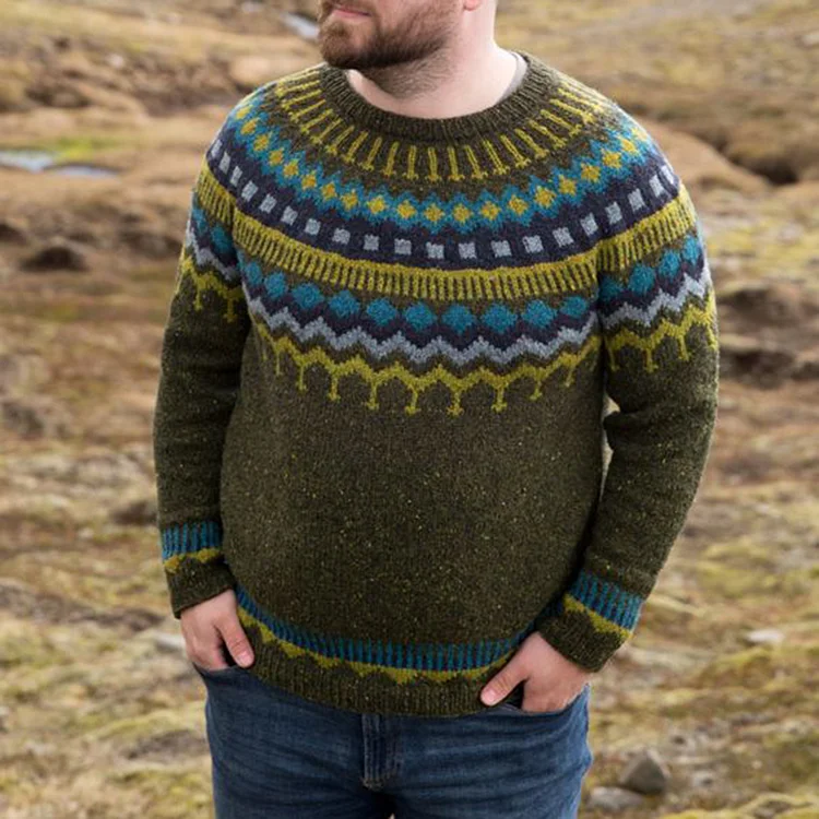Comstylish Vintage Marshland Knit Jacquard Icelandic Crew Neck Sweater（Unisex）