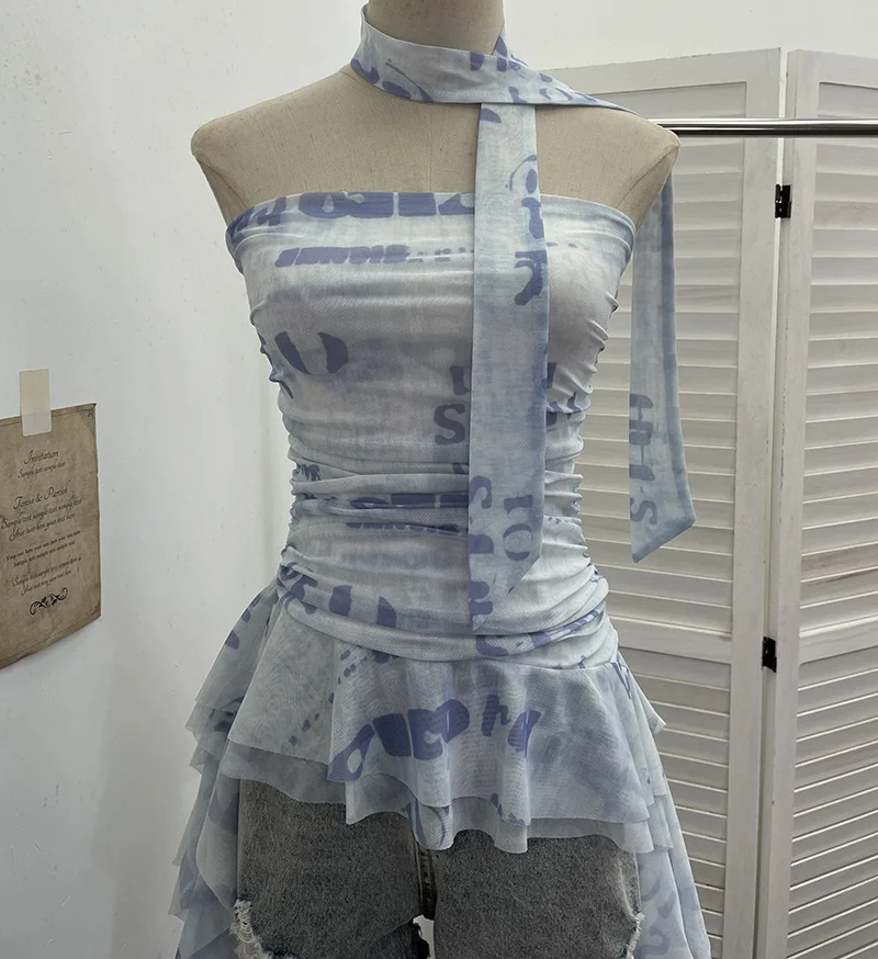 Nigikala Nigikala Shooting Spice Girls Irregular Lotus Leaf Side Ribbon With Non-Slip Strip Mesh Printing Chest Vest 8037