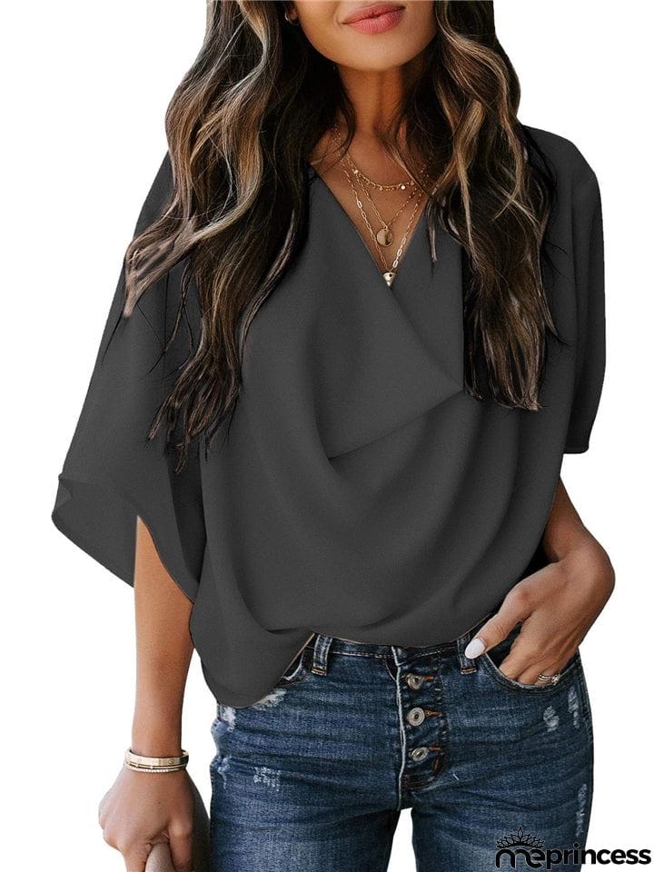 Feminine Flowy Style Cowl Neck Half Sleeve Lightweight Chiffon Pullover Tops