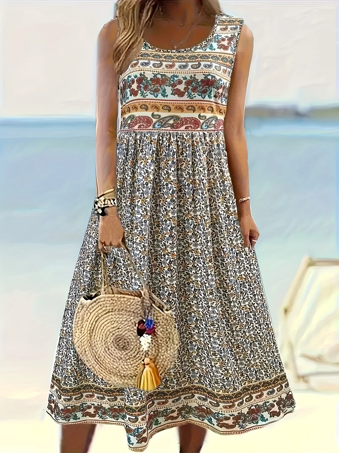 Lightweight Breathable Women's Paisley Floral Print Sleeveless A-Line Dress | Round Neck Summer Dress With Pockets, Machine Washable Casual Beach Dress For Women, Medium Elasticity, Cute Summer Dresse | IFYHOME