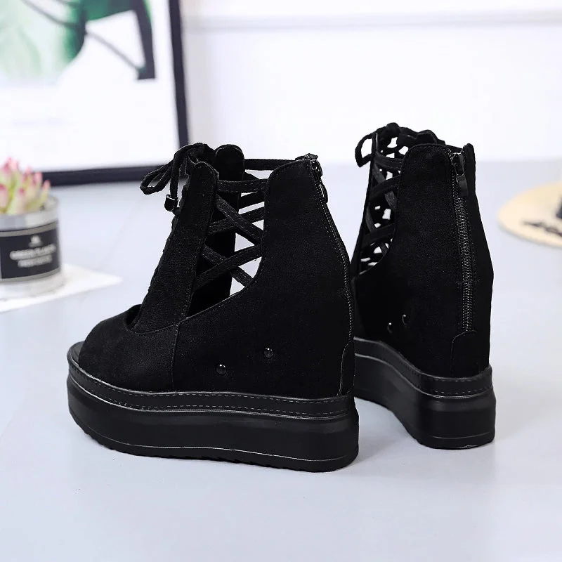 Summer Height Increasing Ankle Boots For Women Hollow Out Pep Toe Shoes Woman Fashion Cross Strap Chunky Platform Booties