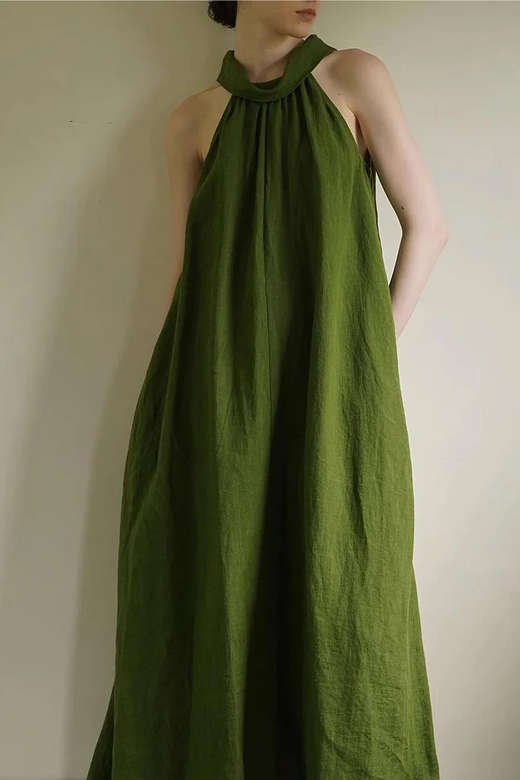Linen Green Back Button Sleeveless Halter Neck Maxi Dress