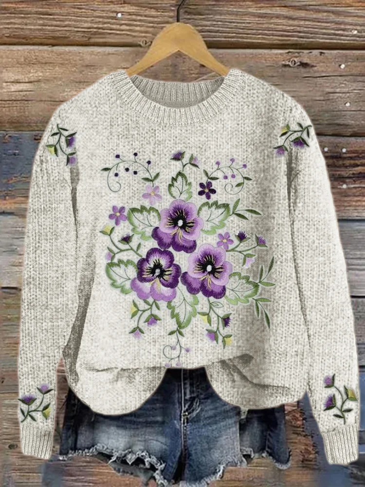 VChics Elegant Pansy Floral Embroidery Knit Sweater