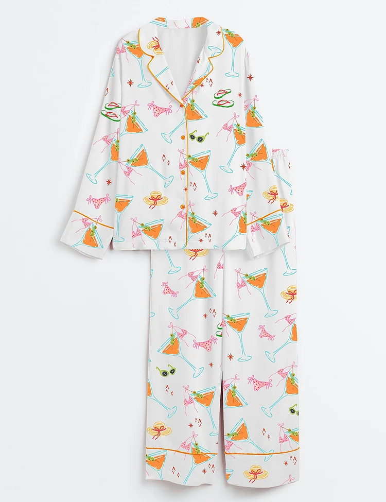 Women&rsquo;s Bikinis And Martinis Bachelorette Party Cape Cod Girls Trip Summer Beach Print Long Sleeve Satin Pajama Set