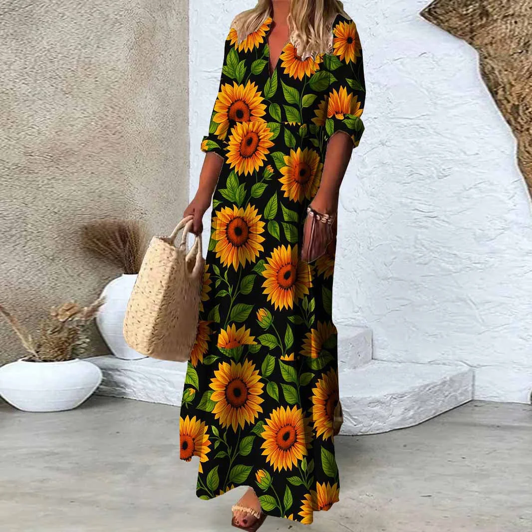 Women Sunflower, Green, Yellow DZDN0952 SPU Printed Long Sleeve V-neck Maxi Dress