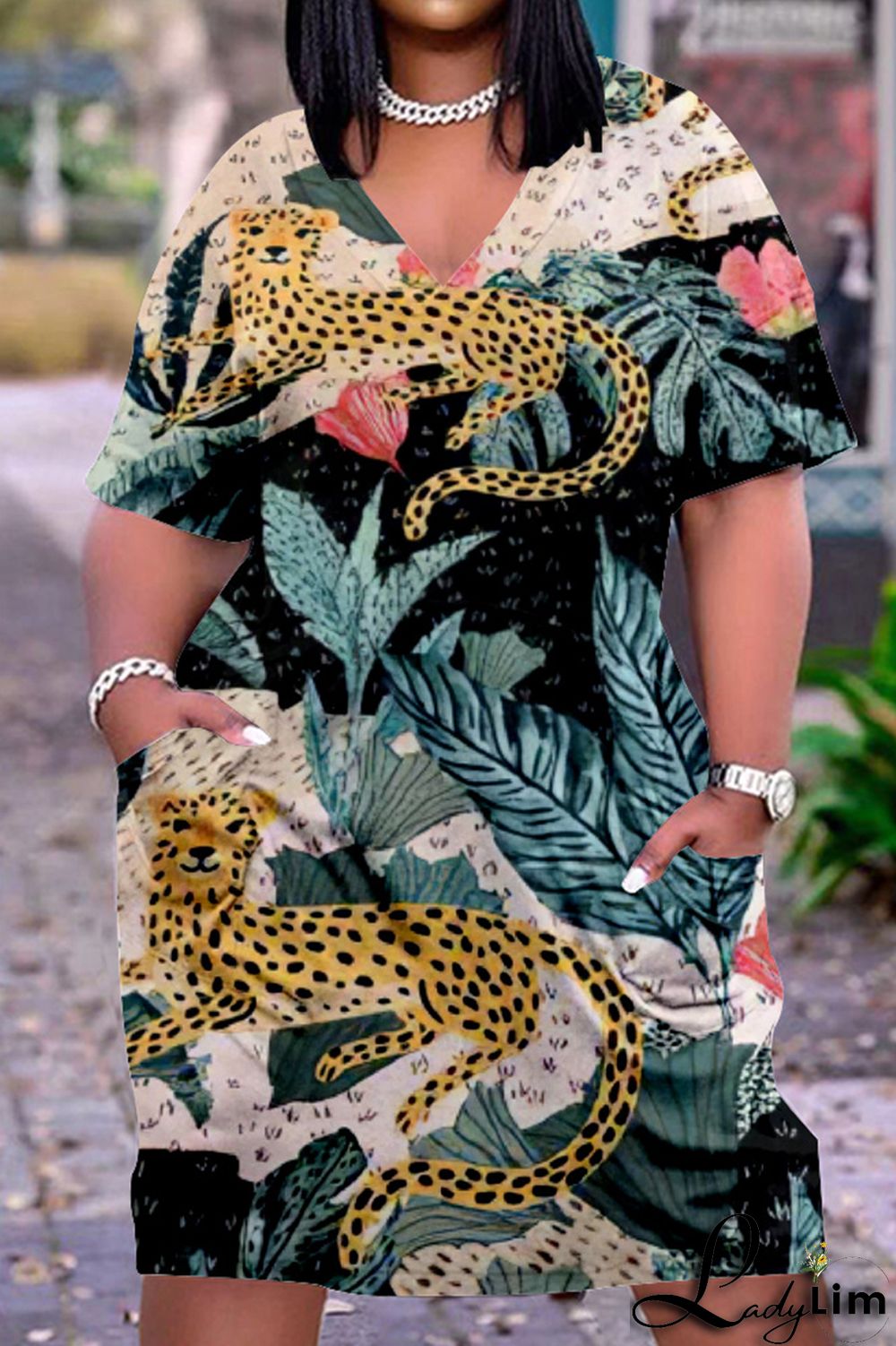 Colour Fashion Casual Print Basic V Neck Short Sleeve Dress