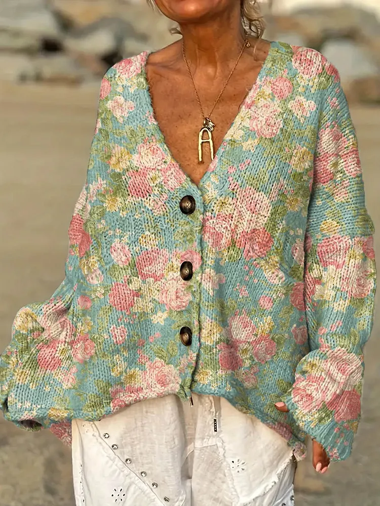 Women's Vintage Floral Pattern Art Print Casual Pullover Sweater