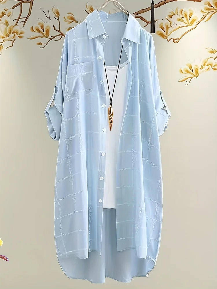 Women's White Medium-Length Chiffon Sunscreen Shirt - Lightweight Loose Fit Plaid Long Sleeve Blouse With Collar, Semi-Sheer Machine Washable All-Season Casual & Office Wear, Elegant Long Sleeve Button Blouses, Delicate Fabric Design, Summer Outfit