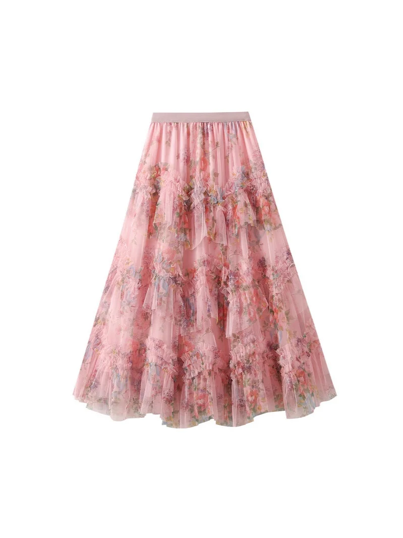 Nigikala Nigikala Splicing Color Flower Mesh Dress Dress Girl 2025 Spring Court Style Temperament Cake Skirt 8077