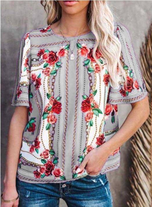 Women Short Sleeve Scoop Neck Floral Printed Top Blouse