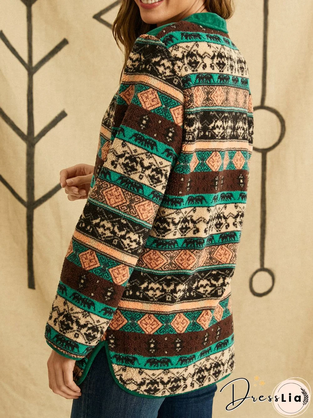 Ethnic Print Patchwork Long Sleeve Lapel Collar Button Jackets for Women