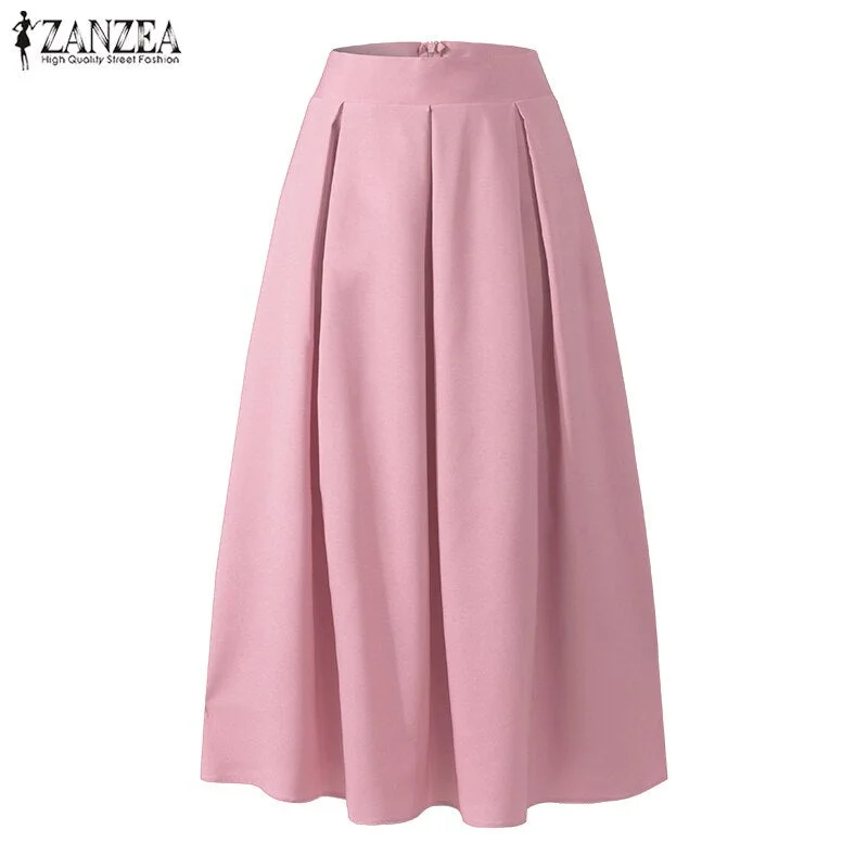2022 Summer Long Skirts ZANZEA Women Elegant High Waist Skirts Casual Work OL Skirt Maxi Skirt Solid Pleated Faldas Saia Jupe