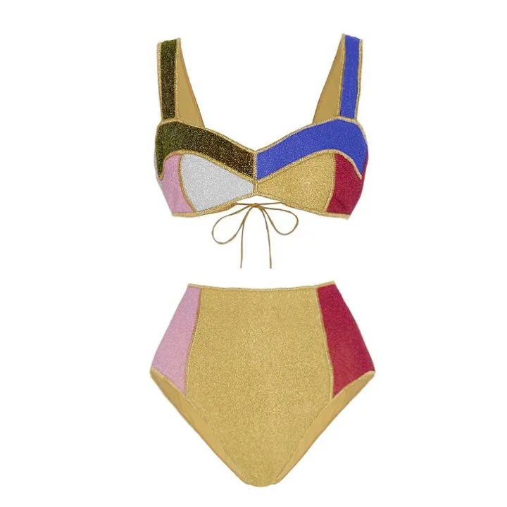 Glitter Color Block High Waist Bikini Swimsuit Flaxmaker 
