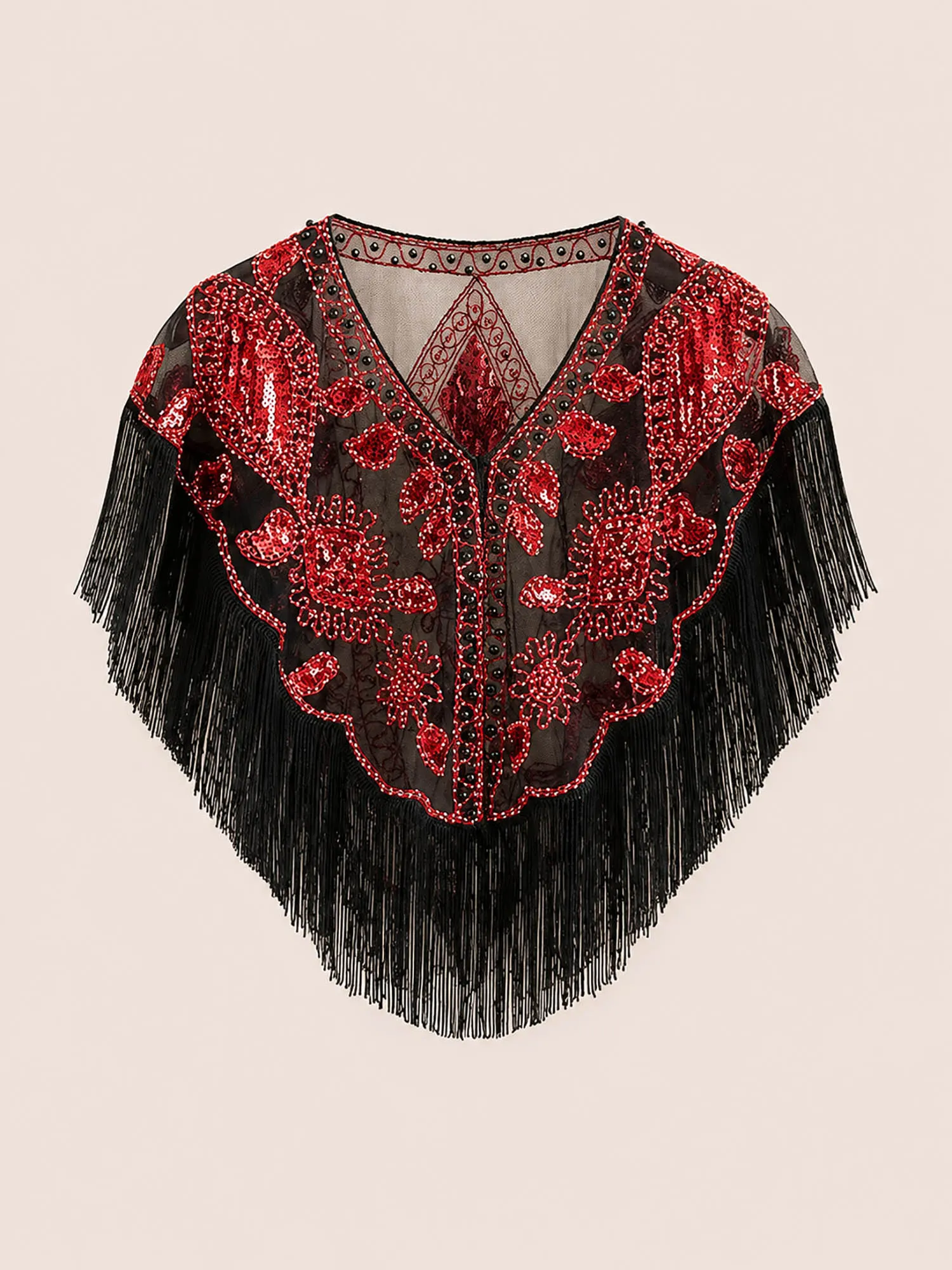Women's Sequin Mesh Fringe Capelet | Vintage 1920s Flapper Evening Shawl
