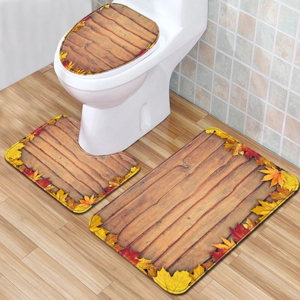 Wood grain Toilet seat Cover 3pcs Set Bathroom Mat Home  Absorbent Door mats washroom Decorations Carpet Printing Flannel Rugs