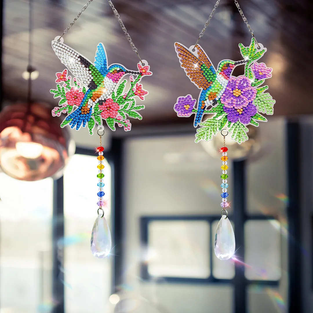 2Pcs Garden Hummingbird DIY Double-Sided Diamond Painting Hanging Kits Diamond Painting Suncatcher Craft Kit for Home Garden Wall Decor Gift