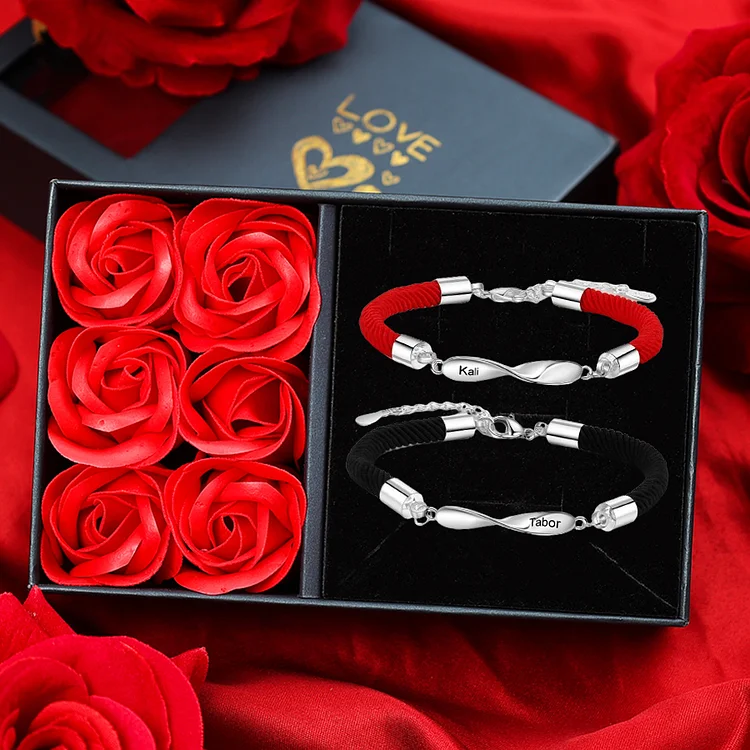 Personalized Braided Couple Bracelet Set With Rose Box, Custom Bracelet Gifts For Her or Him