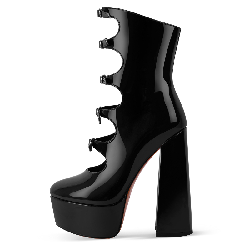 Dark Gothic Chunky Heel Platform Multi-Buckle Straps Ankle Boots