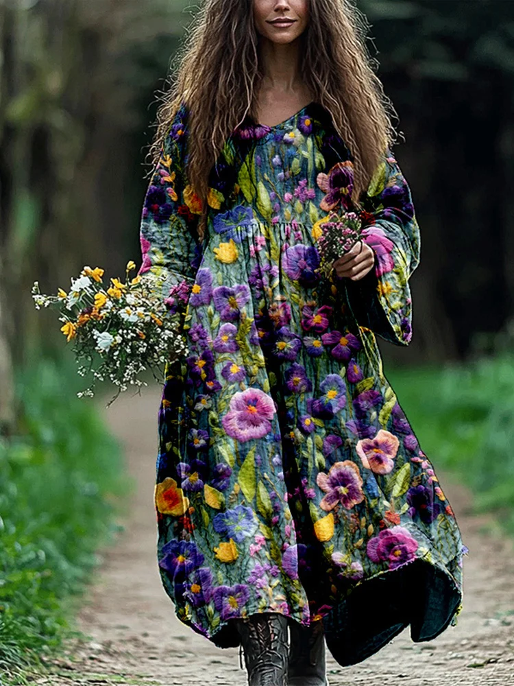 Elegant Violet Wildflower Embroidery Art Linen Blend Maxi Dress