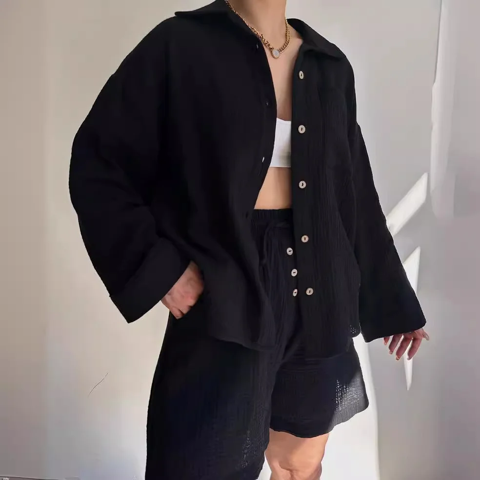 Nigikala Nigikala Women's Wrinkle Collar Long-Sleeved Shirt High-Waisted Rope Shorts Fashion Casual Two-Piece Set