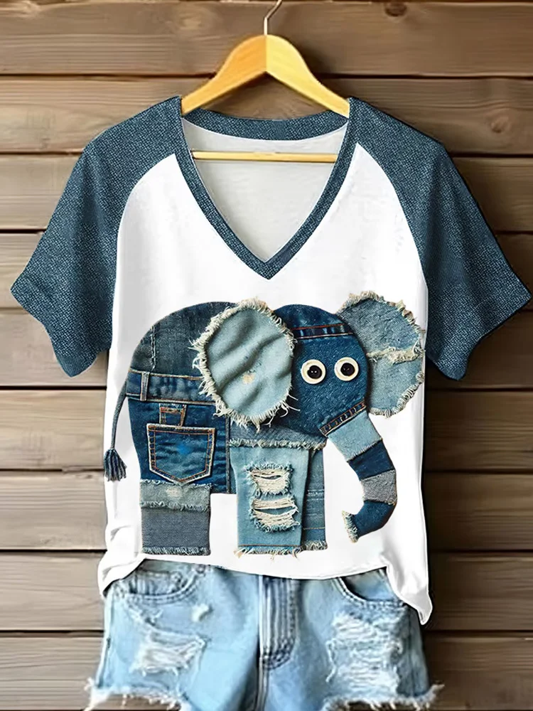 Utbros Women's Elephant Print V Neck T-shirt